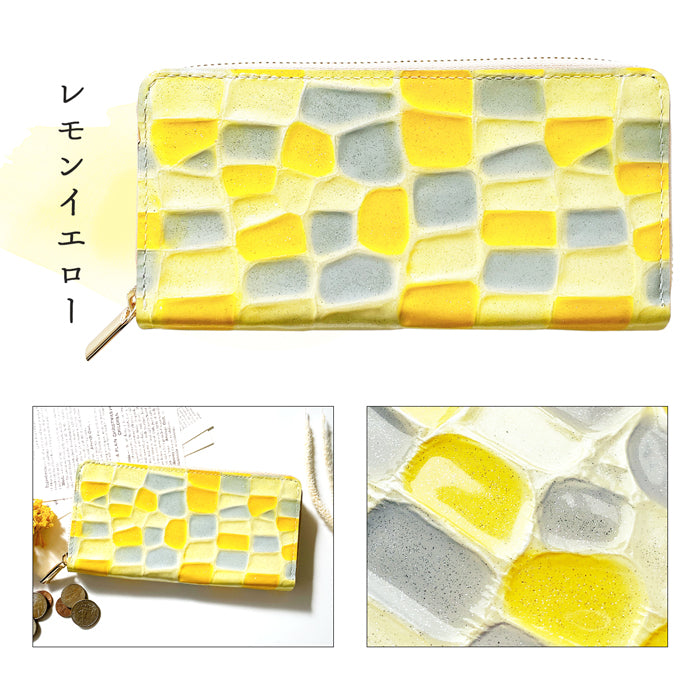 2nd ステンドグラス 長財布 長サイフ ラウンドファスナー ハンドメイド 本革長財布 ウォレット ラウンド長財布 革財布 牛革 レディース レザー エナメル加工 財布 本革 さいふ カード収納 ラウンド財布 サイフ 革
