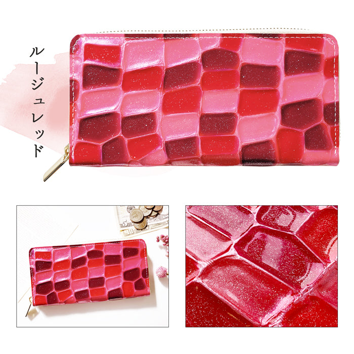 2nd ステンドグラス 長財布 長サイフ ラウンドファスナー ハンドメイド 本革長財布 ウォレット ラウンド長財布 革財布 牛革 レディース レザー エナメル加工 財布 本革 さいふ カード収納 ラウンド財布 サイフ 革