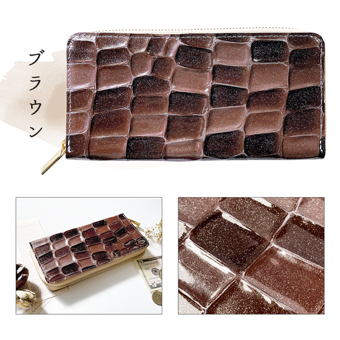 2nd ステンドグラス 長財布 長サイフ ラウンドファスナー ハンドメイド 本革長財布 ウォレット ラウンド長財布 革財布 牛革 レディース レザー エナメル加工 財布 本革 さいふ カード収納 ラウンド財布 サイフ 革