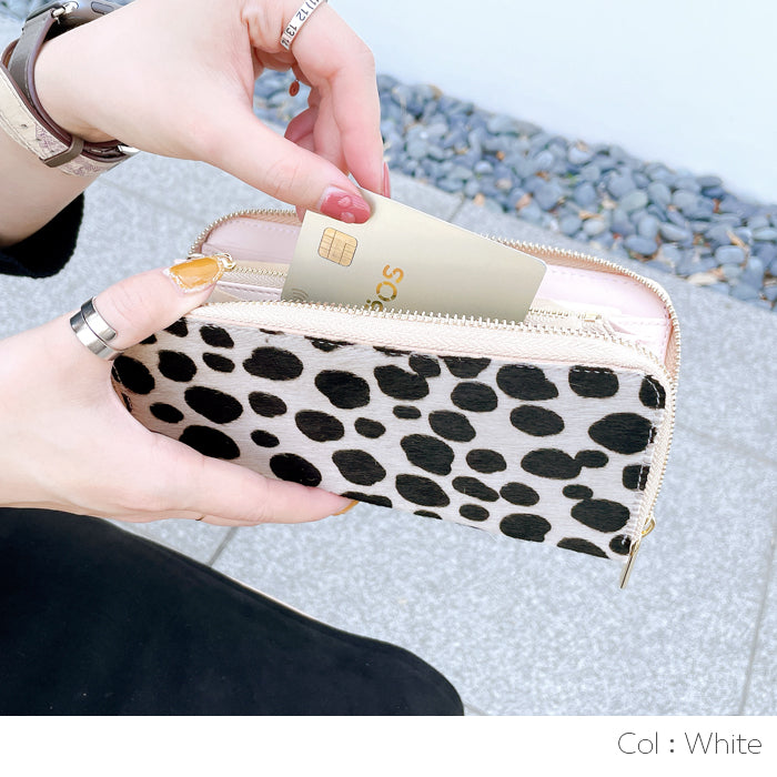 ハラコ風 ダルメシアン柄 財布 長財布 さいふ 革財布 ラウンド財布 レザー レディース 本革 長サイフ 革 本革長財布 ハンドメイド ウォレット アニマル柄 ラウンドファスナー メンズ カード収納 ラウンド長財布 サイフ 牛革