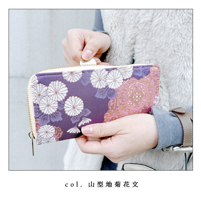 西陣織 彩 長財布 桜 財布 ラウンドファスナー ラウンド長財布 カード収納 織物 サイフ 菊花文 メンズ 風神雷神 ウォレット 和 金襴 ラウンド財布 波割付 ハンドメイド 女性 豪華 長サイフ 和風 菊花 男性 さいふ レディース 和柄
