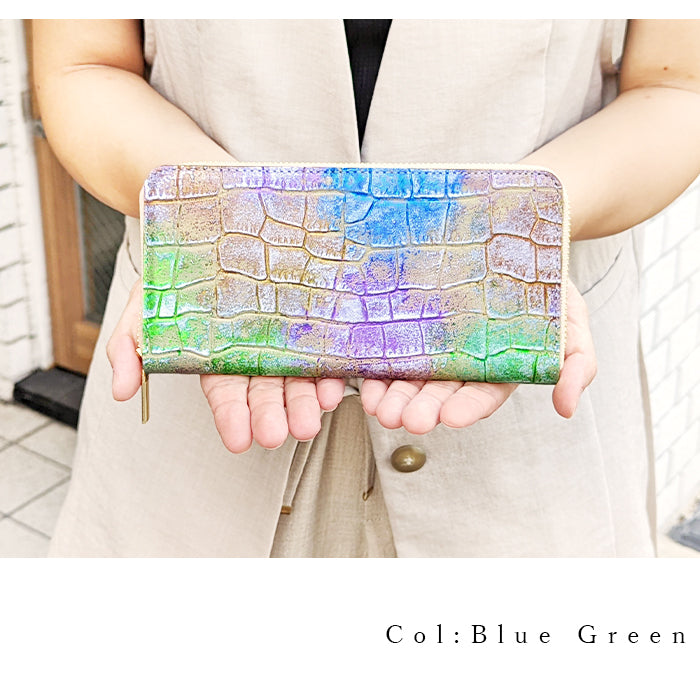 型押しアート 財布 長財布 長サイフ ウォレット 牛革 ラウンド財布 ラウンド長財布 革財布 ハンドメイド 革 本革 レザー さいふ 本革長財布 サイフ レディース カード収納 ラウンドファスナー