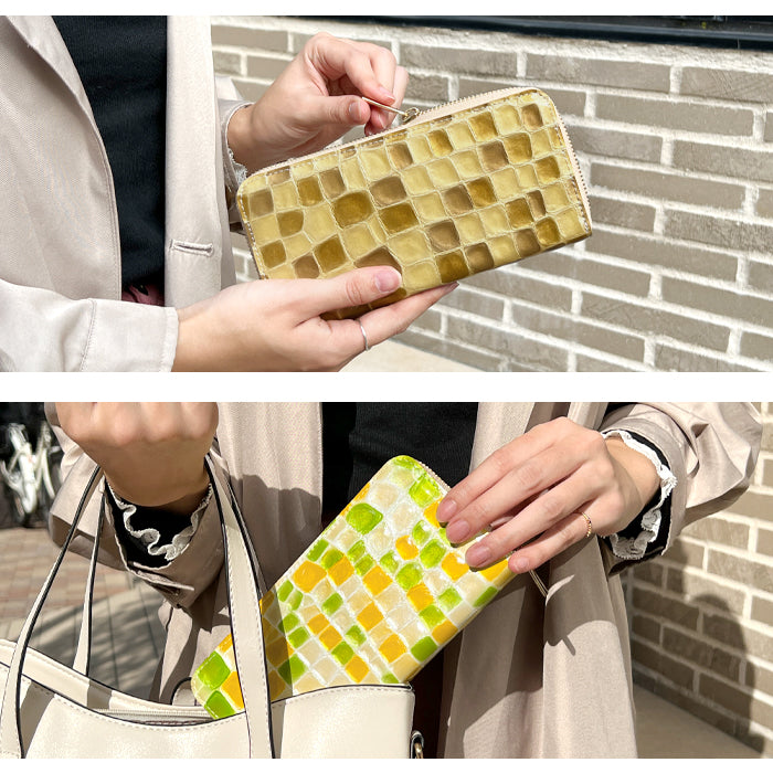 ちょっと上品な ステンドグラス エナメル加工 財布 長財布 カード収納 ウォレット さいふ レザー 革 牛革 ハンドメイド ラウンド財布 ラウンドファスナー サイフ 革財布 本革 ラウンド長財布 本革長財布 レディース 長サイフ