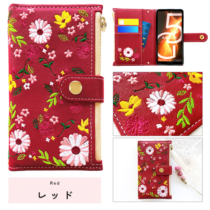 AQUOS sense9 SH-53E SHG14 A405SH SH-M29 ケース カバー 手帳型 おしゃれ花刺繍 手帳型ケース sh53e shm29 スマホケース