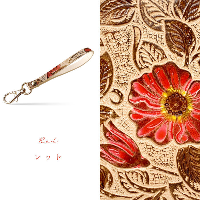 牛革 レトロな 花型押し ナスカン付き ストラップ リストストラップ 定期入れ フラワー 花 スマホケース 革 携帯 落下防止 キーホルダー 携帯ストラップ スマホ マルチストラップ レザー レディース パスケース 手帳型 本革