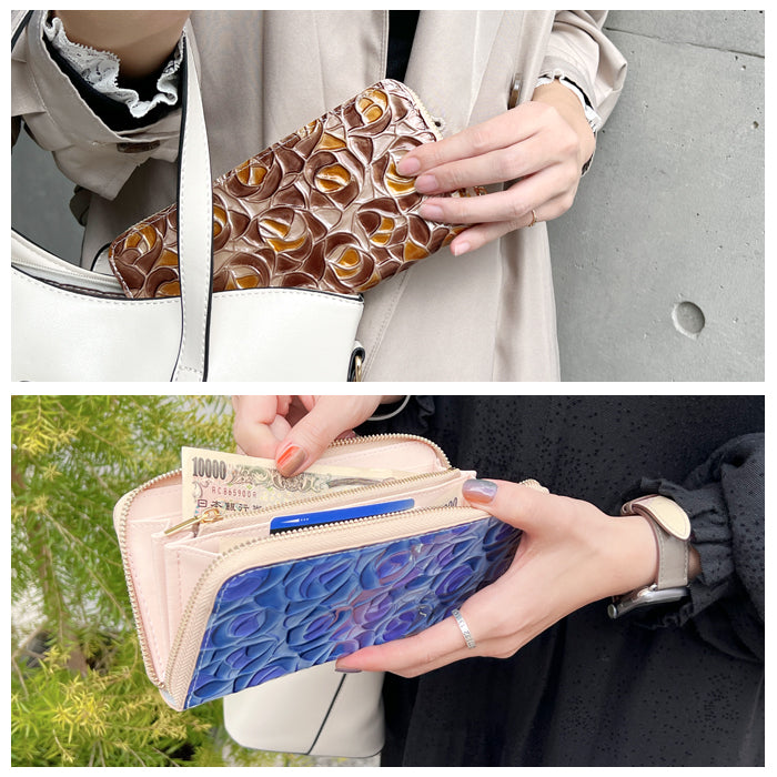 ステンドグラスローズ 財布 長財布 バラ エナメル加工 本革長財布 牛革 ラウンド長財布 長サイフ 革 ローズ ラウンドファスナー サイフ 本革 さいふ レディース レザー 薔薇 ラウンド財布 革財布 ハンドメイド カード収納 ウォレット