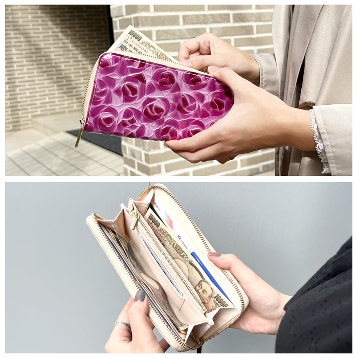 ステンドグラスローズ 財布 長財布 バラ エナメル加工 本革長財布 牛革 ラウンド長財布 長サイフ 革 ローズ ラウンドファスナー サイフ 本革 さいふ レディース レザー 薔薇 ラウンド財布 革財布 ハンドメイド カード収納 ウォレット