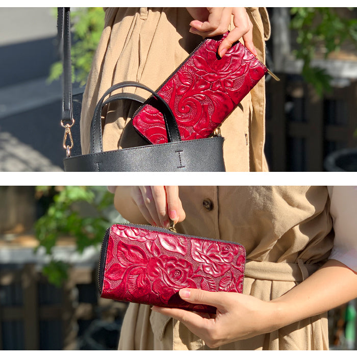 アンティーク バラ 財布 長財布 長サイフ ラウンドファスナー ウォレット レザー ローズ 革財布 レディース 本革長財布 サイフ 薔薇 型押し 牛革 革 カード収納 本革 ラウンド財布 ハンドメイド さいふ ラウンド長財布