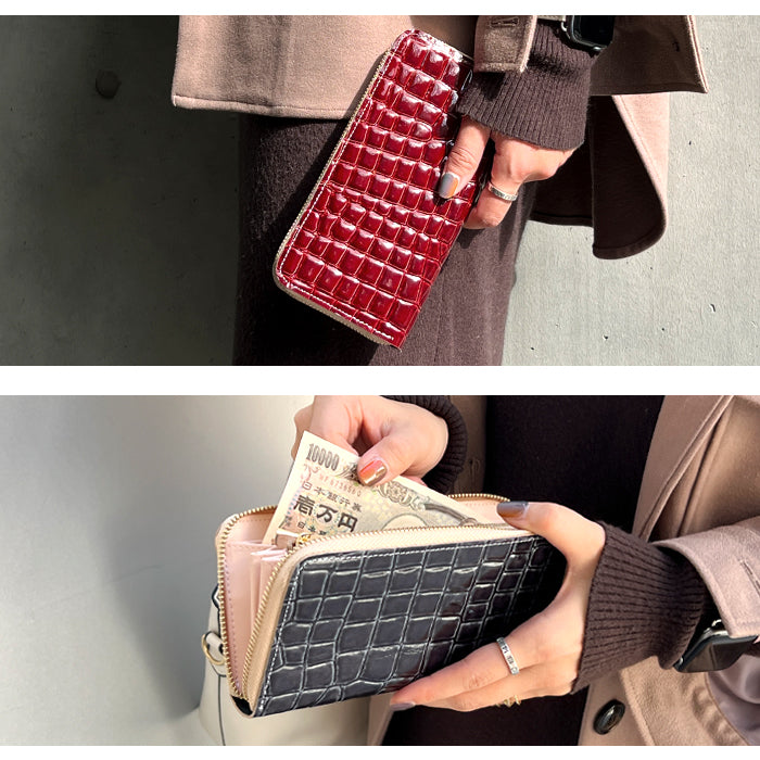 美クロコダイル ラウンドファスナー 財布 長財布 本革 型押し ラウンド財布 カード収納 本革長財布 レザー ハンドメイド ウォレット さいふ ワニ柄 ラウンド長財布 サイフ 革財布 レディース わに柄 長サイフ エナメル加工 メンズ 革 牛革