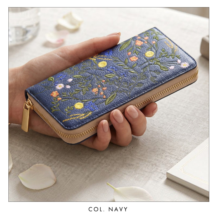 本革 ボタニカル刺繡 長財布 財布 カード収納 レディース 型押し 花 ラウンド型 [WL-R1-S4]