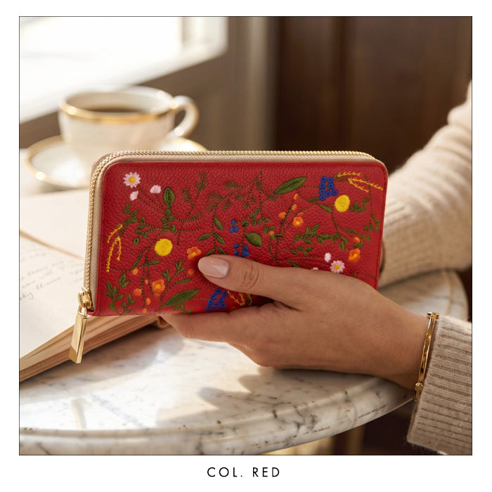 本革 ボタニカル刺繡 長財布 財布 カード収納 レディース 型押し 花 ラウンド型 [WL-R1-S4]