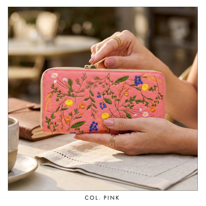 本革 ボタニカル刺繡 長財布 財布 カード収納 レディース 型押し 花 ラウンド型 [WL-R1-S4]