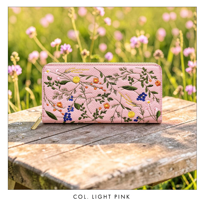 本革 ボタニカル刺繡 長財布 財布 カード収納 レディース 型押し 花 ラウンド型 [WL-R1-S4]