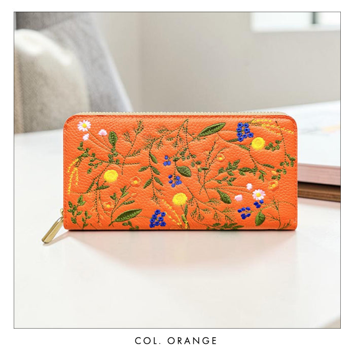 本革 ボタニカル刺繡 長財布 財布 カード収納 レディース 型押し 花 ラウンド型 [WL-R1-S4]