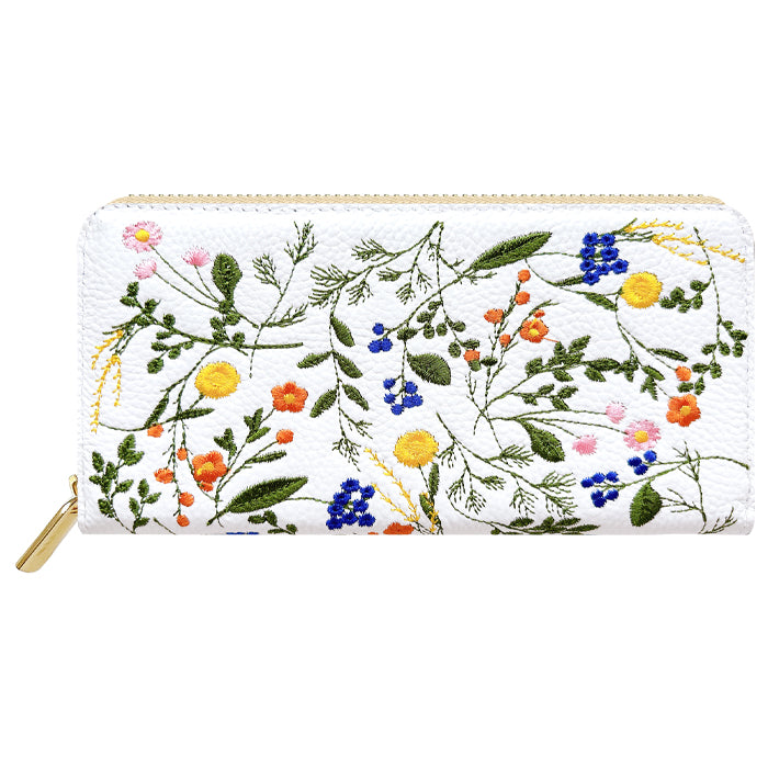 本革 ボタニカル刺繡 長財布 財布 カード収納 レディース 型押し 花 ラウンド型 [WL-R1-S4]