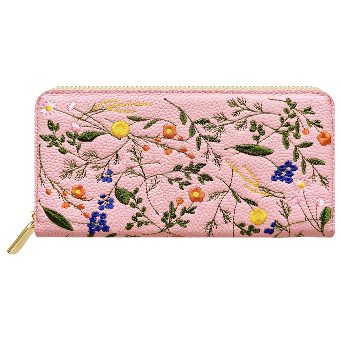 本革 ボタニカル刺繡 長財布 財布 カード収納 レディース 型押し 花 ラウンド型 [WL-R1-S4]