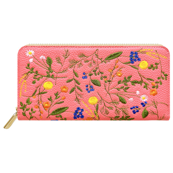 本革 ボタニカル刺繡 長財布 財布 カード収納 レディース 型押し 花 ラウンド型 [WL-R1-S4]