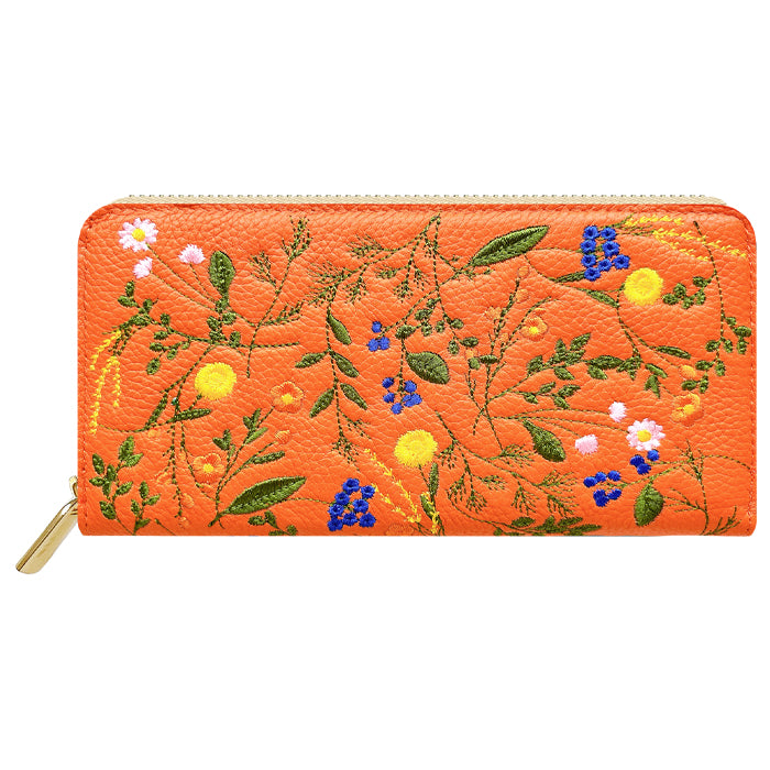 本革 ボタニカル刺繡 長財布 財布 カード収納 レディース 型押し 花 ラウンド型 [WL-R1-S4]