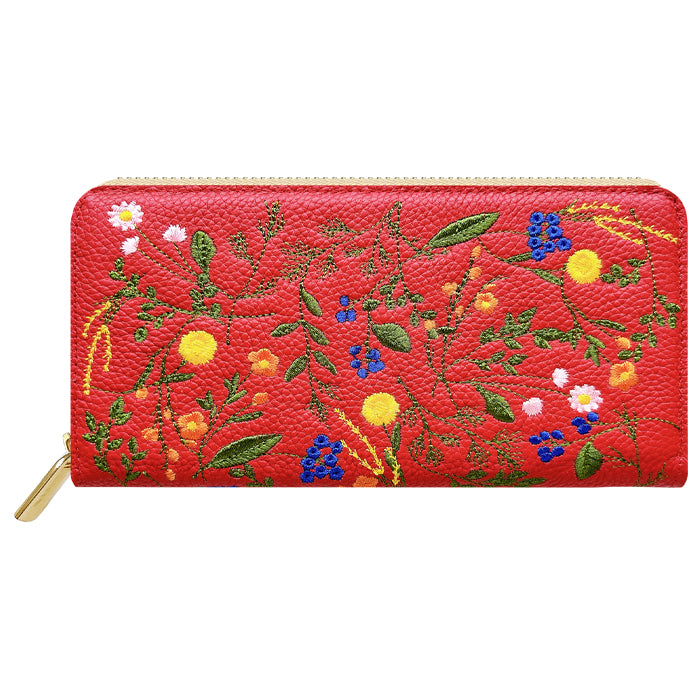 本革 ボタニカル刺繡 長財布 財布 カード収納 レディース 型押し 花 ラウンド型 [WL-R1-S4]