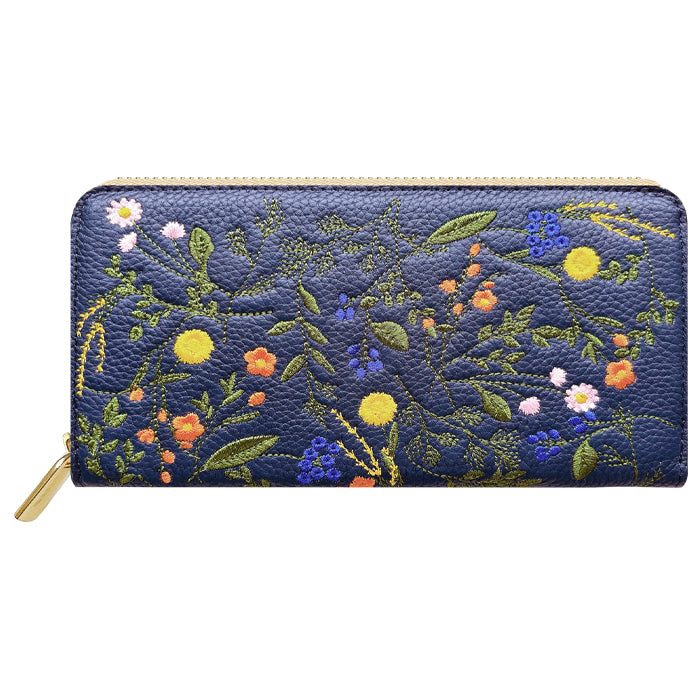 本革 ボタニカル刺繡 長財布 財布 カード収納 レディース 型押し 花 ラウンド型 [WL-R1-S4]