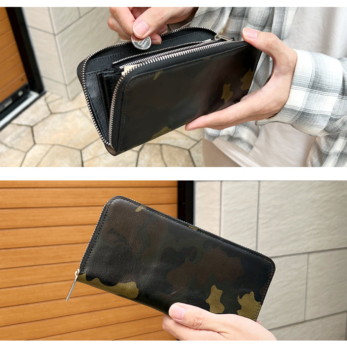 カモフラージュ 迷彩柄 長財布 ラウンドファスナー カード収納 メンズ ラウンド財布 レディース ヌメ革 本革 ウォレット ハンドメイド 牛革 サイフ 長サイフ 革 ラウンド長財布 さいふ 財布 カモフラ 本革長財布 革財布 レザー