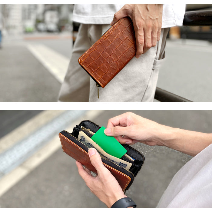 クロコダイル風 型押し 長財布 本革 革 カード収納 ラウンド財布 ラウンド長財布 サイフ ハンドメイド レディース 長サイフ 本革長財布 ウォレット さいふ ラウンドファスナー 財布 メンズ レザー わに柄 ワニ柄 革財布 牛革