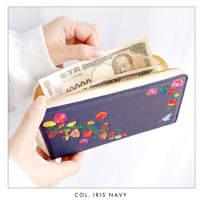 本革 花刺繡 長財布 レディース 財布 型押し カード収納 ラウンド型ファスナー 本革 【WL-R1-S2】