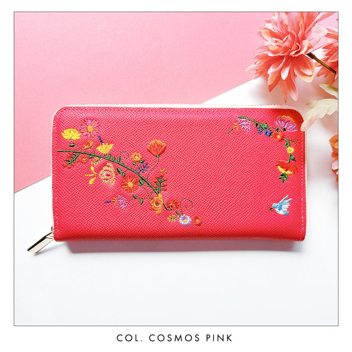 本革 花刺繡 長財布 レディース 財布 型押し カード収納 ラウンド型ファスナー 本革 【WL-R1-S2】