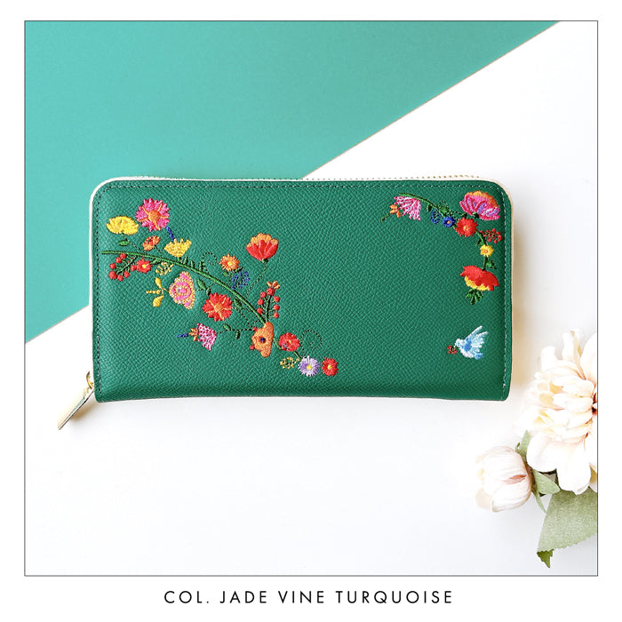 本革 花刺繡 長財布 レディース 財布 型押し カード収納 ラウンド型ファスナー 本革 【WL-R1-S2】