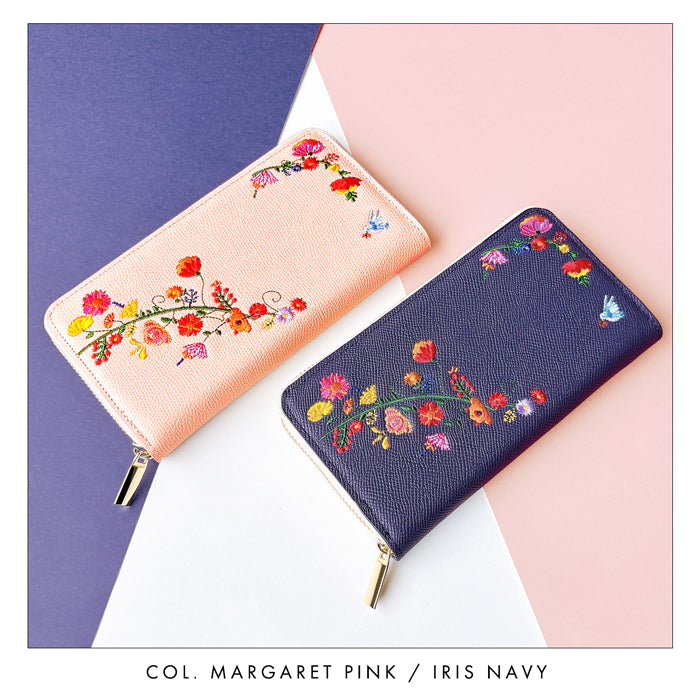 本革 花刺繡 長財布 レディース 財布 型押し カード収納 ラウンド型ファスナー 本革 【WL-R1-S2】