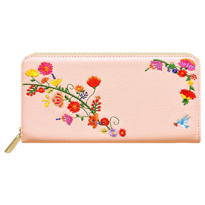 本革 花刺繡 長財布 レディース 財布 型押し カード収納 ラウンド型ファスナー 本革 【WL-R1-S2】