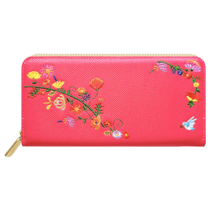本革 花刺繡 長財布 レディース 財布 型押し カード収納 ラウンド型ファスナー 本革 【WL-R1-S2】