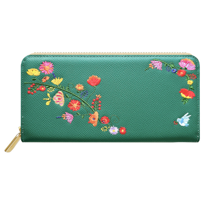 本革 花刺繡 長財布 レディース 財布 型押し カード収納 ラウンド型ファスナー 本革 【WL-R1-S2】
