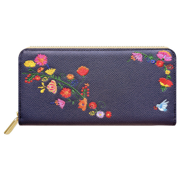 本革 花刺繡 長財布 レディース 財布 型押し カード収納 ラウンド型ファスナー 本革 【WL-R1-S2】