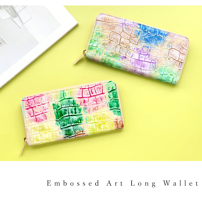 型押しアート 財布 長財布 長サイフ ウォレット 牛革 ラウンド財布 ラウンド長財布 革財布 ハンドメイド 革 本革 レザー さいふ 本革長財布 サイフ レディース カード収納 ラウンドファスナー