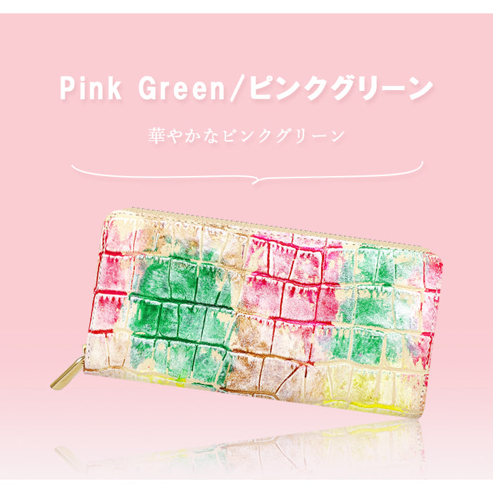 型押しアート 財布 長財布 長サイフ ウォレット 牛革 ラウンド財布 ラウンド長財布 革財布 ハンドメイド 革 本革 レザー さいふ 本革長財布 サイフ レディース カード収納 ラウンドファスナー