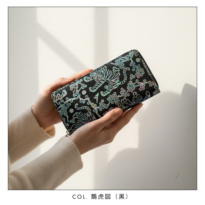 長財布 財布 韓国デザイン 伝統柄 ラウンド型長財布 カード収納 韓流 韓流生地 虹色ホイル