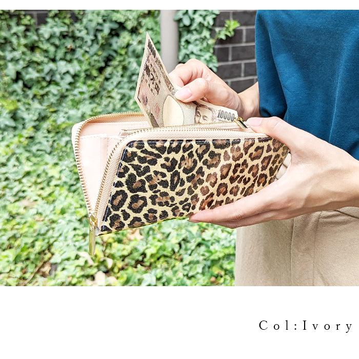 ヒョウ柄 エナメル 財布 長財布 エナメル加工 ラウンド長財布 本革 レディース さいふ 本革長財布 レザー 長サイフ メンズ サイフ カード収納 ラウンド財布 レオパード ウォレット 牛革 革 アニマル柄 ハンドメイド ラウンドファスナー 革財布