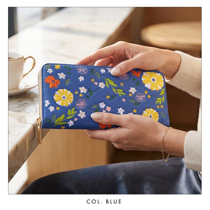 本革 マーガレット刺繡 長財布 財布 カード収納 ラウンド型ファスナー レディース 花 型押し [WL-R1-S3]