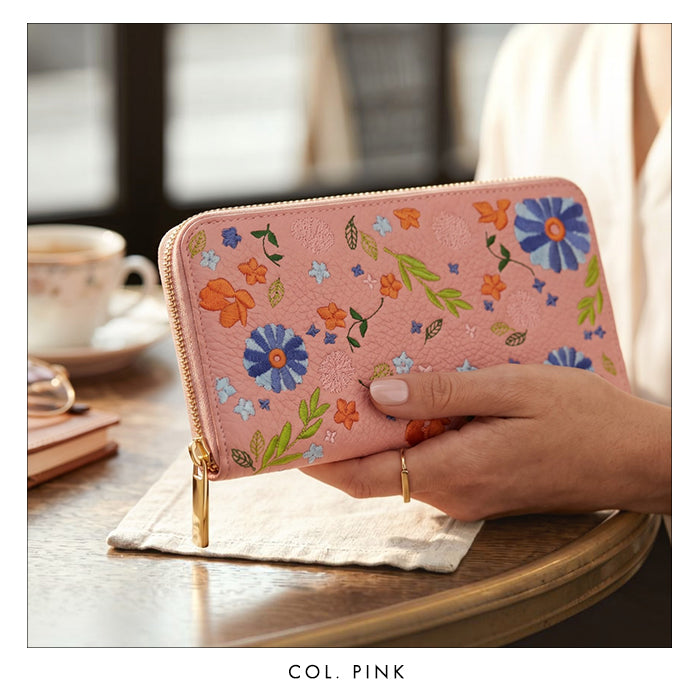 本革 マーガレット刺繡 長財布 財布 カード収納 ラウンド型ファスナー レディース 花 型押し [WL-R1-S3]