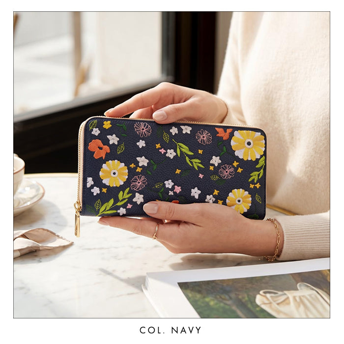 本革 マーガレット刺繡 長財布 財布 カード収納 ラウンド型ファスナー レディース 花 型押し [WL-R1-S3]