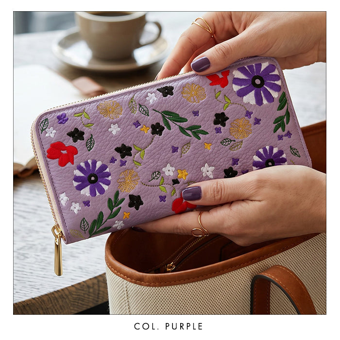 本革 マーガレット刺繡 長財布 財布 カード収納 ラウンド型ファスナー レディース 花 型押し [WL-R1-S3]