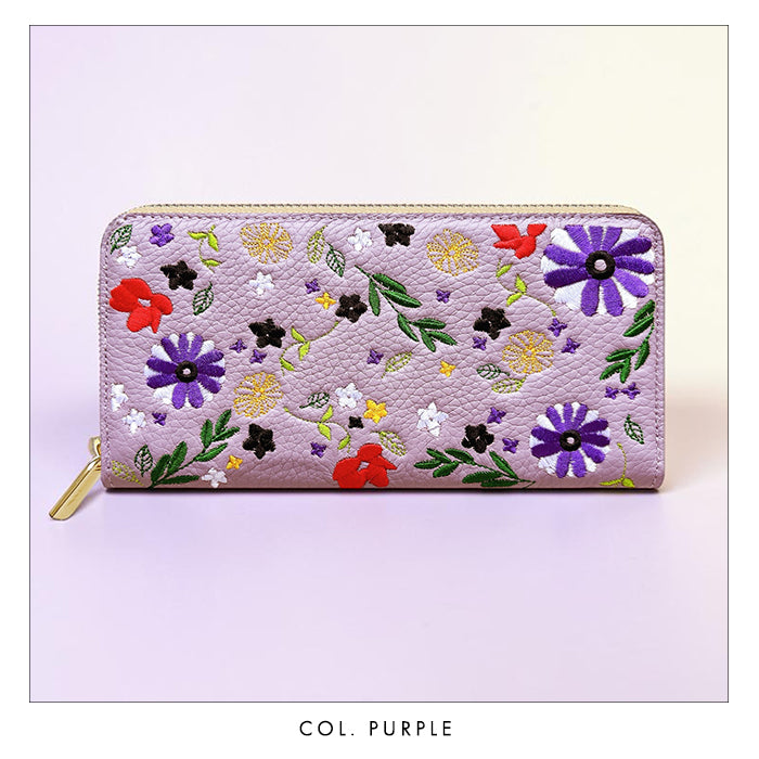 本革 マーガレット刺繡 長財布 財布 カード収納 ラウンド型ファスナー レディース 花 型押し [WL-R1-S3]