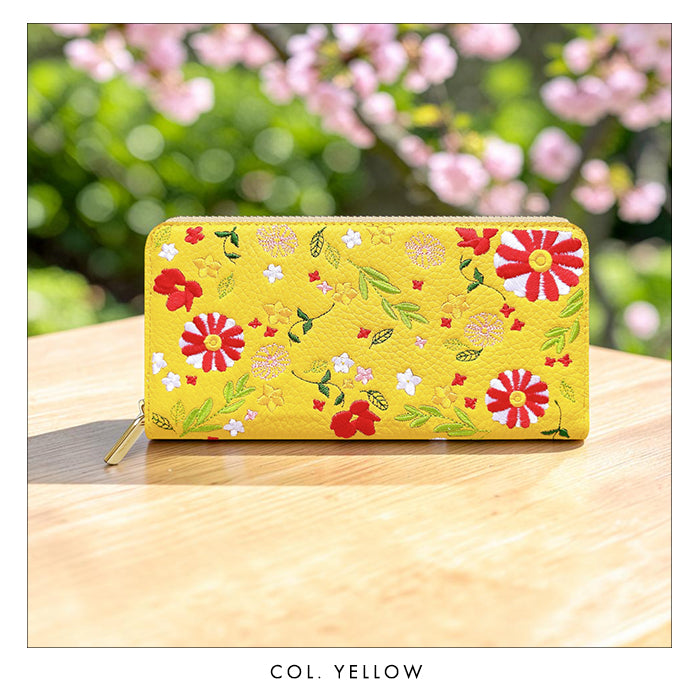 本革 マーガレット刺繡 長財布 財布 カード収納 ラウンド型ファスナー レディース 花 型押し [WL-R1-S3]