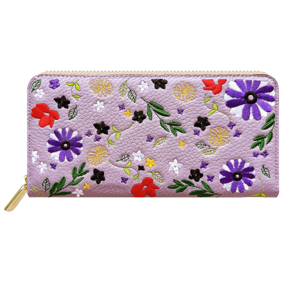 本革 マーガレット刺繡 長財布 財布 カード収納 ラウンド型ファスナー レディース 花 型押し [WL-R1-S3]