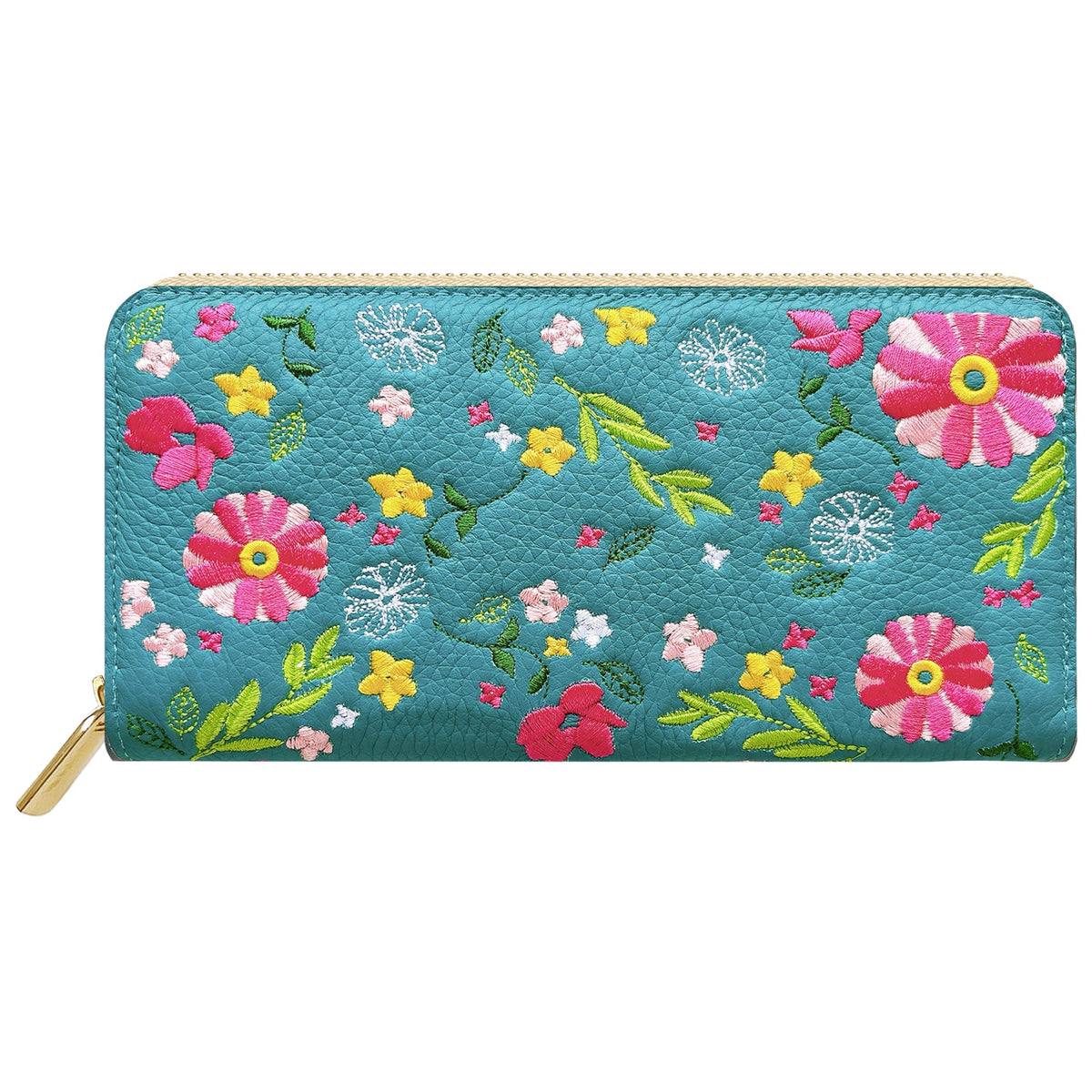 本革 マーガレット刺繡 長財布 財布 カード収納 ラウンド型ファスナー レディース 花 型押し [WL-R1-S3]