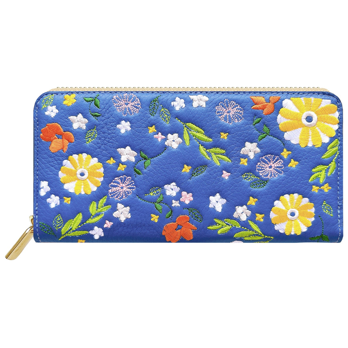 本革 マーガレット刺繡 長財布 財布 カード収納 ラウンド型ファスナー レディース 花 型押し [WL-R1-S3]