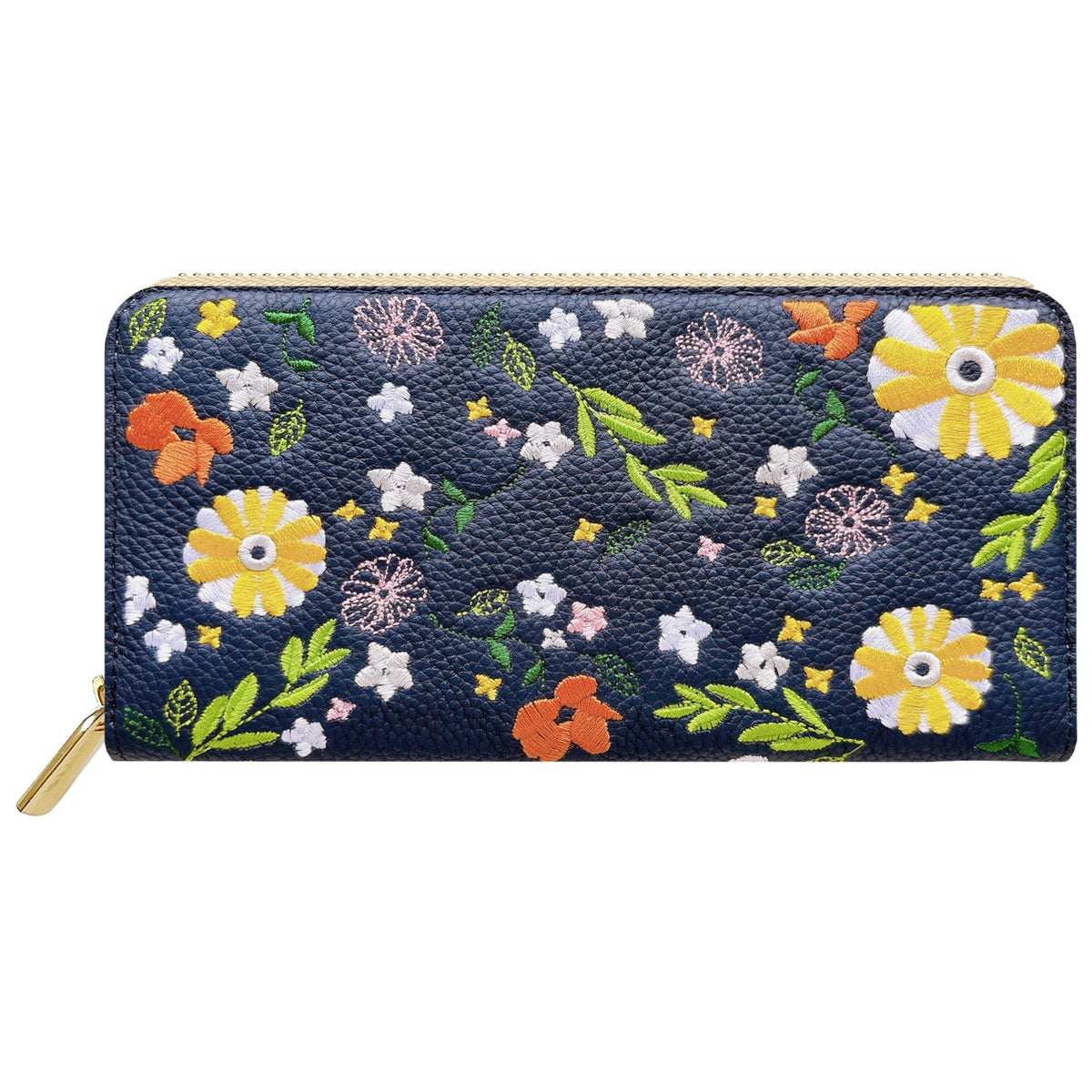 本革 マーガレット刺繡 長財布 財布 カード収納 ラウンド型ファスナー レディース 花 型押し [WL-R1-S3]