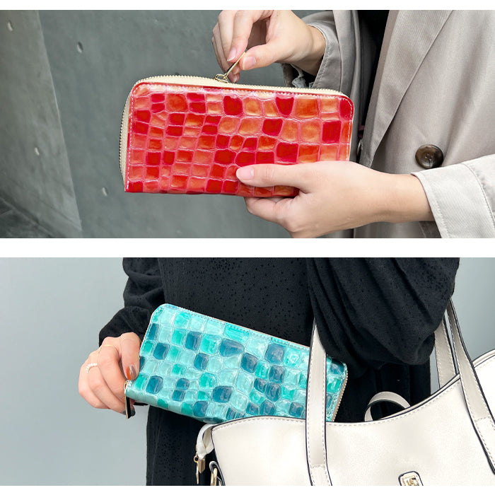 ちょっと上品な ステンドグラス エナメル加工 財布 長財布 カード収納 ウォレット さいふ レザー 革 牛革 ハンドメイド ラウンド財布 ラウンドファスナー サイフ 革財布 本革 ラウンド長財布 本革長財布 レディース 長サイフ