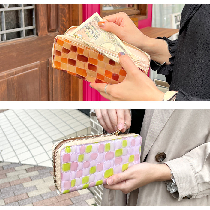 ちょっと上品な ステンドグラス エナメル加工 財布 長財布 カード収納 ウォレット さいふ レザー 革 牛革 ハンドメイド ラウンド財布 ラウンドファスナー サイフ 革財布 本革 ラウンド長財布 本革長財布 レディース 長サイフ